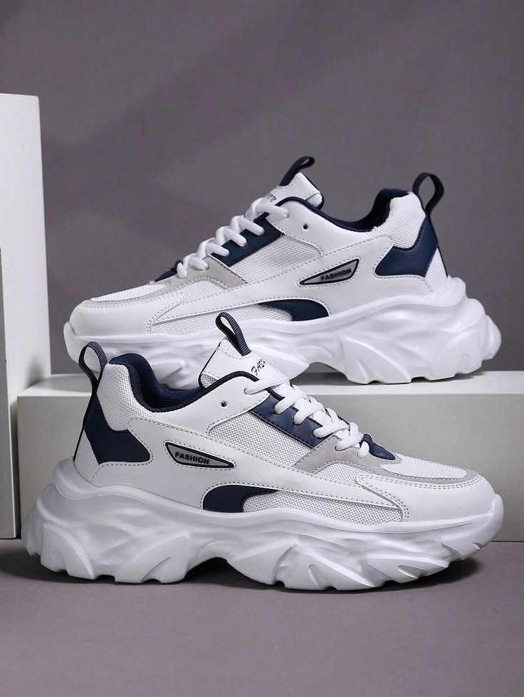 Men's White & Navy Chunky Mesh Sneakers | Lightweight Casual Sports Shoes | One Step Store