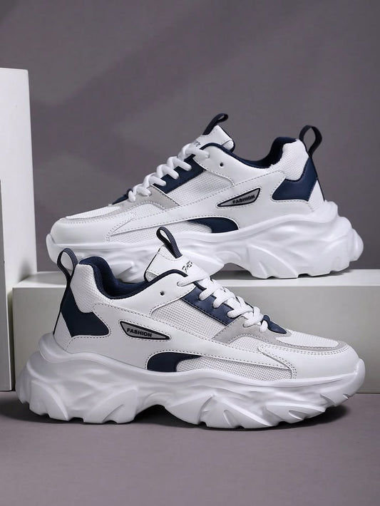 Men's White & Navy Chunky Mesh Sneakers | Lightweight Casual Sports Shoes | One Step Store